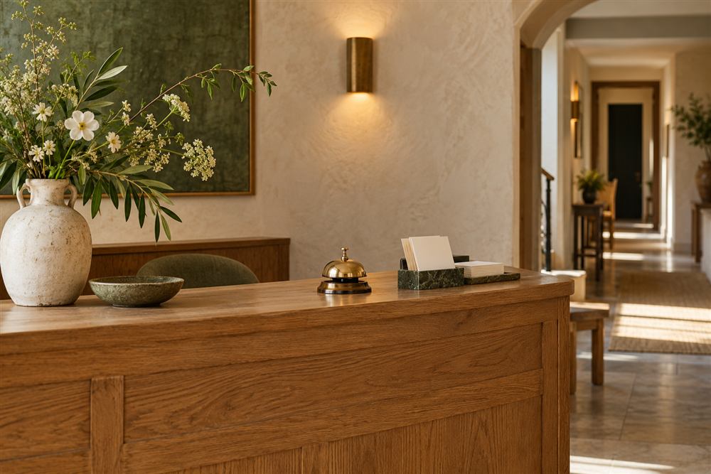 Illustrative boutique hotel reception with an oak desk and brass bell